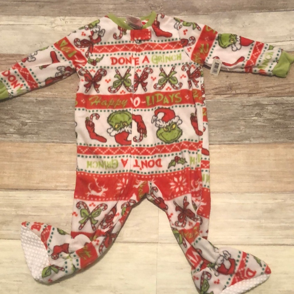 Baby 12M Grinch onsie zip up sleeper pajamas